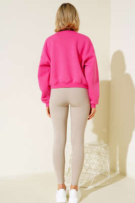Üç İplik Kısa Sweatshirt Fuşya - Thumbnail