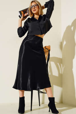 Saten Kısa Gömlek Siyah - Thumbnail