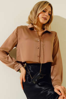 Saten Kısa Gömlek Latte - Thumbnail