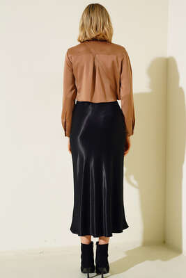 Saten Kısa Gömlek Latte - Thumbnail