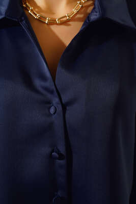 Saten Kısa Gömlek Lacivert - Thumbnail