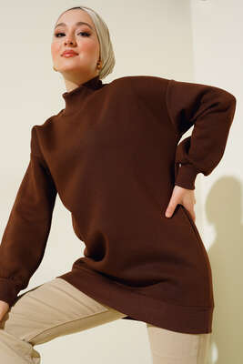 Üç İplik Yarım Balıkçı Yaka Tunik Kahve - Thumbnail