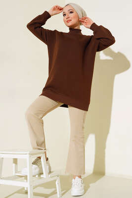 Üç İplik Yarım Balıkçı Yaka Tunik Kahve - Thumbnail