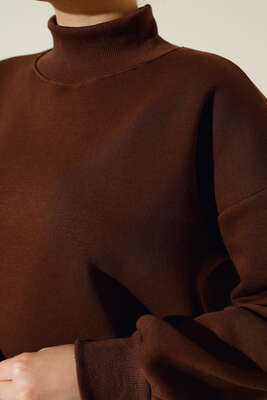 Üç İplik Yarım Balıkçı Yaka Tunik Kahve - Thumbnail