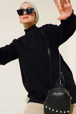 Üç İplik Yarım Balıkçı Yaka Tunik Siyah - Thumbnail