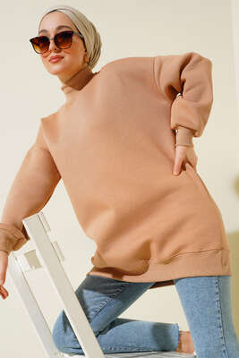 Üç İplik Yarım Balıkçı Yaka Tunik Latte - Thumbnail