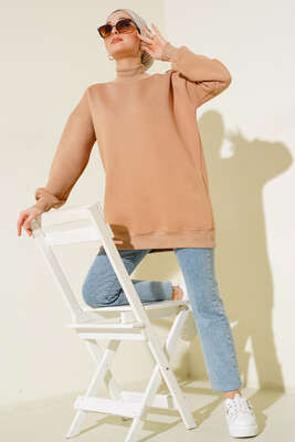 Üç İplik Yarım Balıkçı Yaka Tunik Latte - Thumbnail