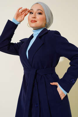 Kruvaze Yaka İki Düğmeli Kaşe Kaban Lacivert - Thumbnail