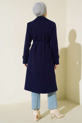 Kruvaze Yaka İki Düğmeli Kaşe Kaban Lacivert - Thumbnail