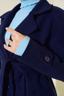 Kruvaze Yaka İki Düğmeli Kaşe Kaban Lacivert - Thumbnail