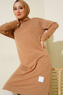 Arma Detaylı Uzun Tunik Latte - Thumbnail