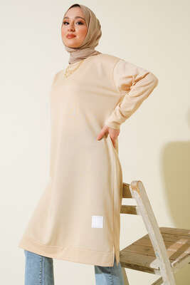 Arma Detaylı Uzun Tunik Bej - Thumbnail
