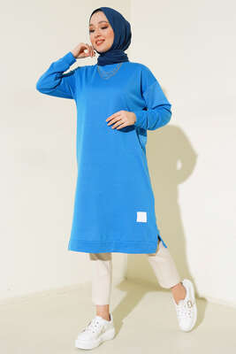 Arma Detaylı Uzun Tunik İndigo - Thumbnail