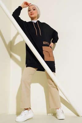 Paraşüt Cepli Kapüşonlu Tunik Siyah - Thumbnail