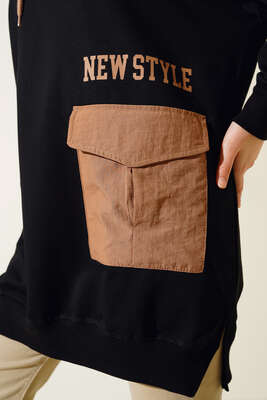 Paraşüt Cepli Kapüşonlu Tunik Siyah - Thumbnail