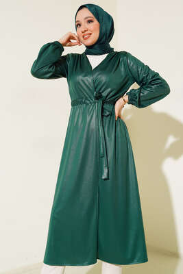 Deri Görünümlü Kuşaklı Kap Zümrüt - Thumbnail