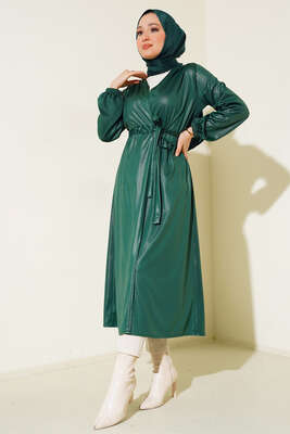 Deri Görünümlü Kuşaklı Kap Zümrüt - Thumbnail