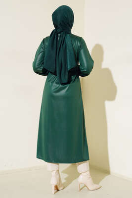 Deri Görünümlü Kuşaklı Kap Zümrüt - Thumbnail