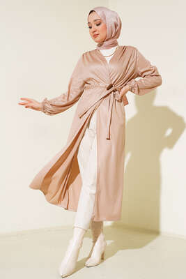 Deri Görünümlü Kuşaklı Kap Bej - Thumbnail