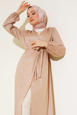 Deri Görünümlü Kuşaklı Kap Bej - Thumbnail