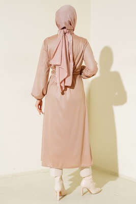 Deri Görünümlü Kuşaklı Kap Bej - Thumbnail