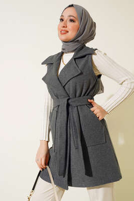 Cepli Kaşe Yelek Füme - Thumbnail