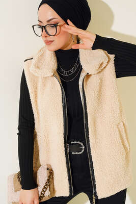 Peluş Yelek Bej - Thumbnail