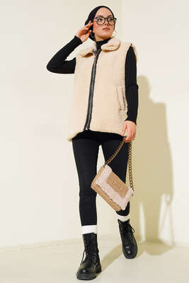 Peluş Yelek Bej - Thumbnail