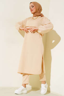 Yırtmaçlı Uzun İkili Takım Bej - Thumbnail