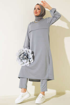 Pazarium - Yırtmaçlı Uzun İkili Takım Gri