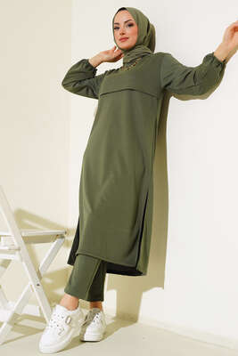 Pazarium - Yırtmaçlı Uzun İkili Takım Haki