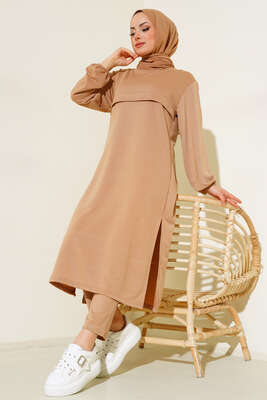 Pazarium - Yırtmaçlı Uzun İkili Takım Latte