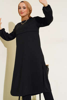 Yırtmaçlı Uzun İkili Takım Siyah - Thumbnail