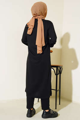 Yırtmaçlı Uzun İkili Takım Siyah - Thumbnail