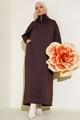 Cepli Kapüşonlu Scuba Elbise Kahve - Thumbnail