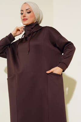 Cepli Kapüşonlu Scuba Elbise Kahve - Thumbnail
