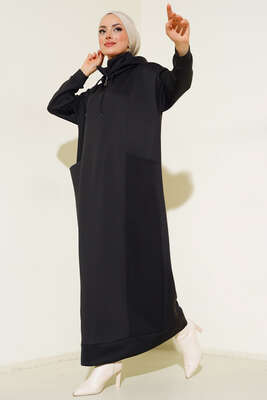 Cepli Kapüşonlu Scuba Elbise Siyah - Thumbnail