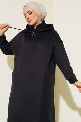 Cepli Kapüşonlu Scuba Elbise Siyah - Thumbnail