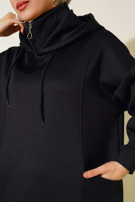 Cepli Kapüşonlu Scuba Elbise Siyah - Thumbnail
