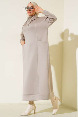 Cepli Kapüşonlu Scuba Elbise Taş - Thumbnail