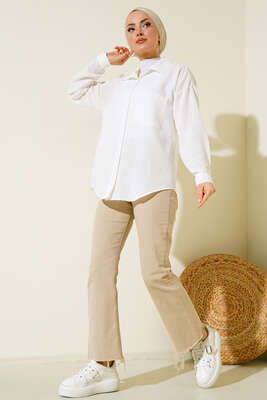 Tek Cepli Keten Gömlek Ekru - Thumbnail