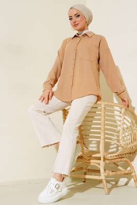 Tek Cepli Keten Gömlek Camel - Thumbnail