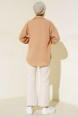 Tek Cepli Keten Gömlek Camel - Thumbnail