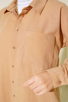 Tek Cepli Keten Gömlek Camel - Thumbnail