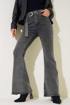 Pazarium - Kemer Görünümlü İspanyol Paça Jean Pantolon Orta Kar