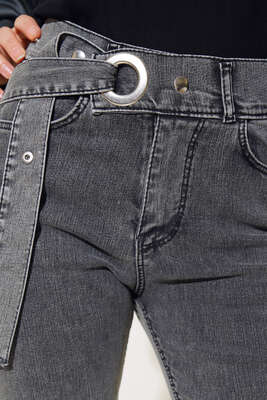 Kemer Görünümlü İspanyol Paça Jean Pantolon Orta Kar - Thumbnail