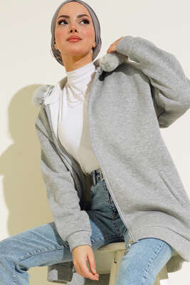 Kapüşonu Kürklü Hırka Gri - Thumbnail