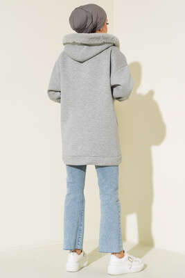 Kapüşonu Kürklü Hırka Gri - Thumbnail