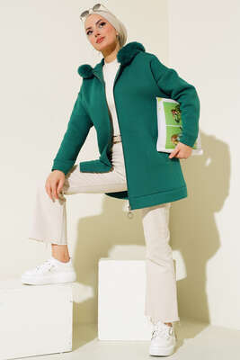 Kapüşonu Kürklü Hırka Zümrüt Yeşili - Thumbnail