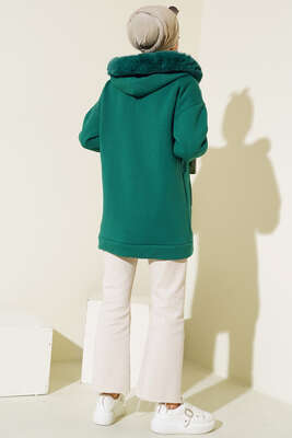 Kapüşonu Kürklü Hırka Zümrüt Yeşili - Thumbnail